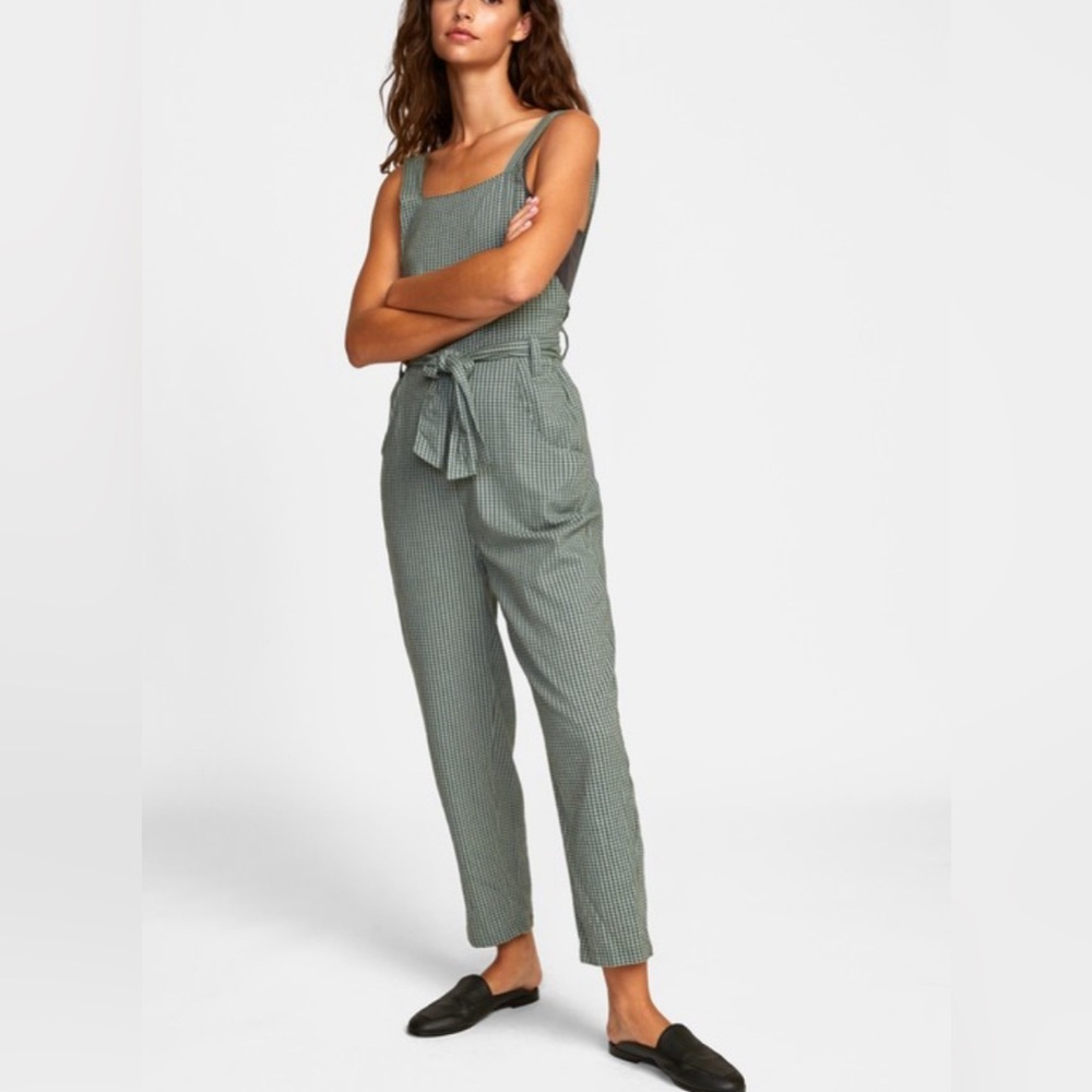 RVCA Sleeveless Jumpsuit Women’s Sz L Green&Black Check Pattern